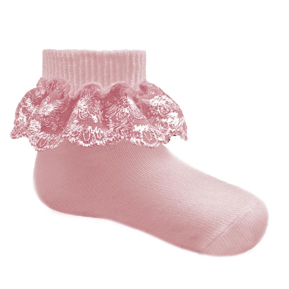 Nursery Time Satin Lace Turnover Pink Baby Ankle Socks