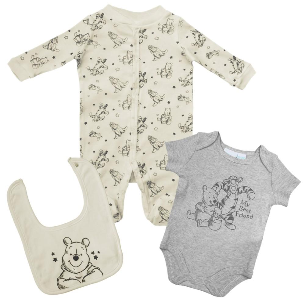 Disney Baby Cream & Grey Pooh Bear Sleepsuit, Bodyvest & Bib Set
