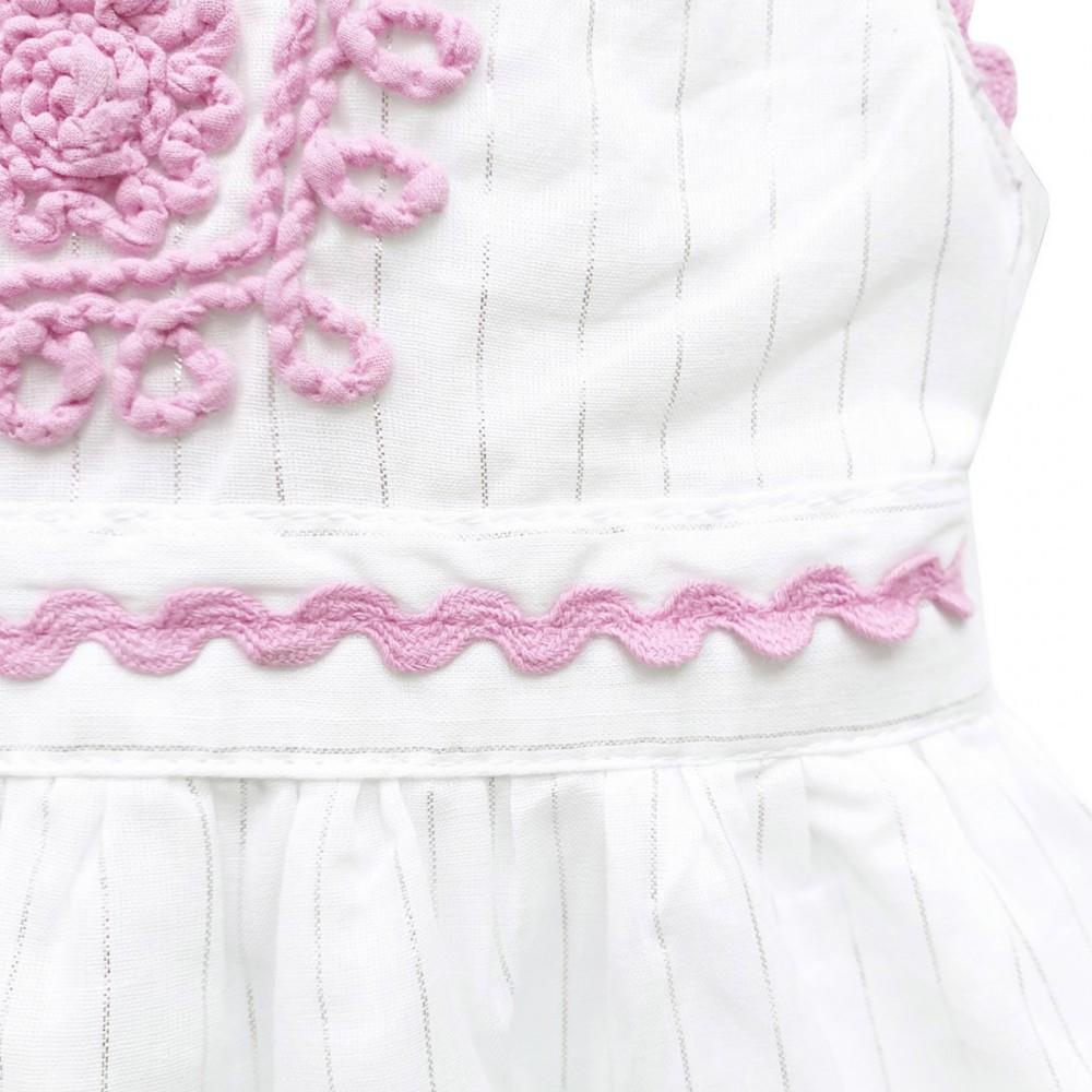 Domino Girl Embroidered Border White Cotton Dress Waistline