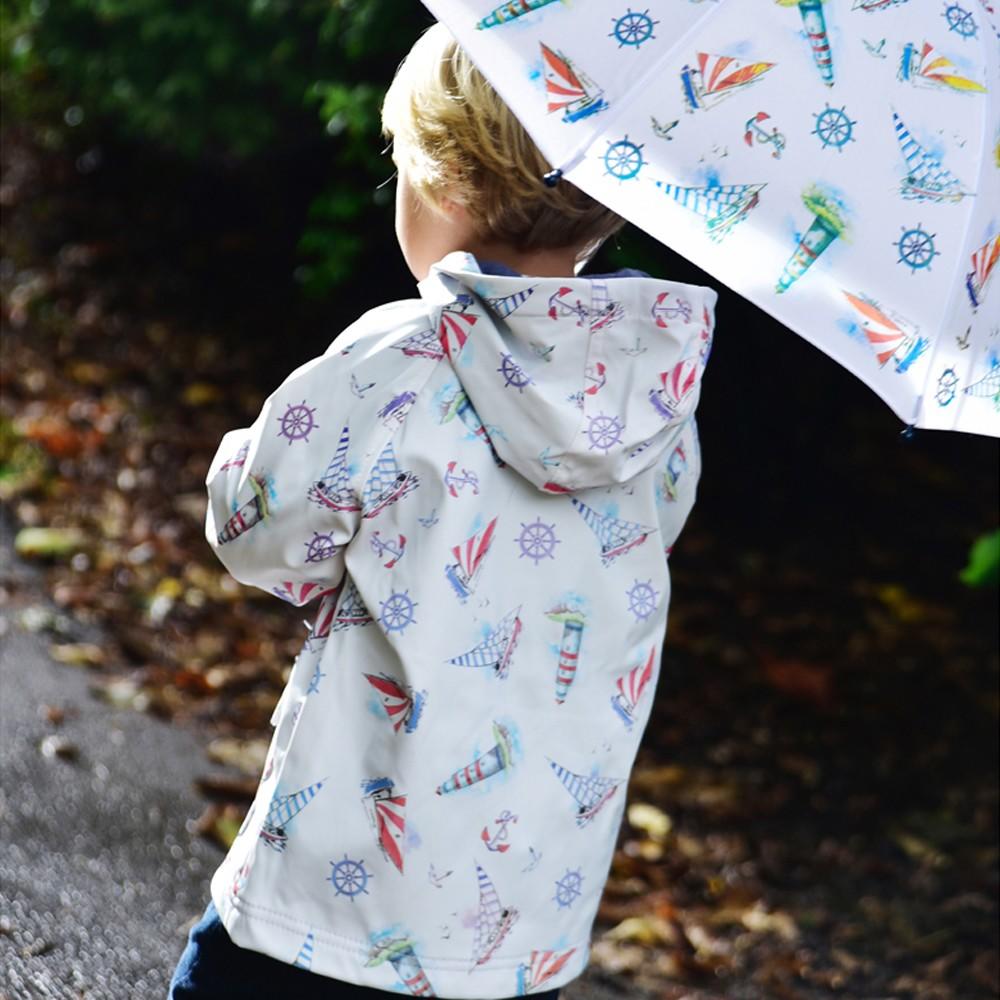 Boy Wearing Powell Craft Nautical Rain Mac Back