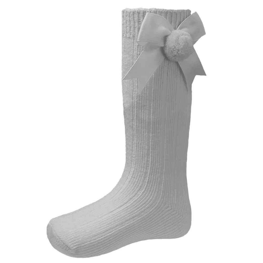 Soft Touch Grey Knee High Ribbed Bow Pom Baby Socks