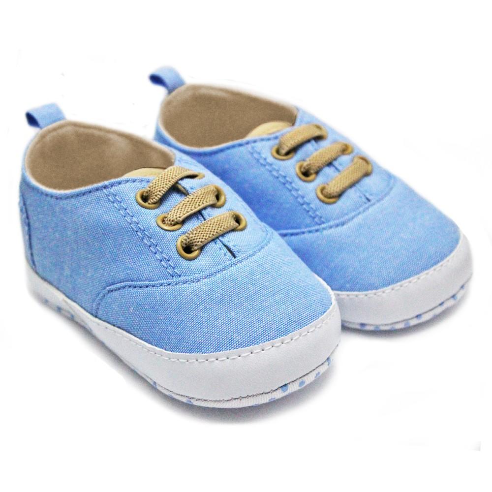Soft Touch Contrast Trainer Pram Shoes in Blue and Camel