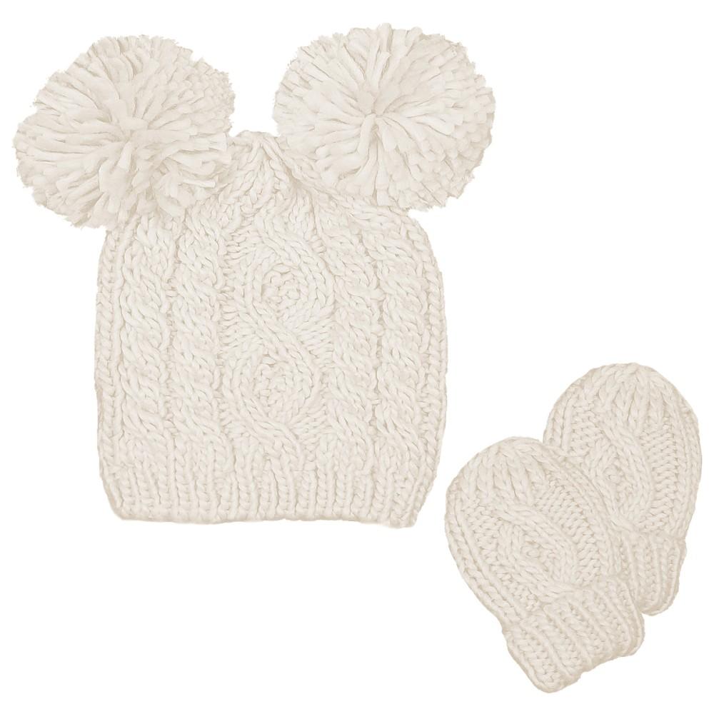 Soft Touch Cable Knit Twin Pom Pom Hat & Mittens in White