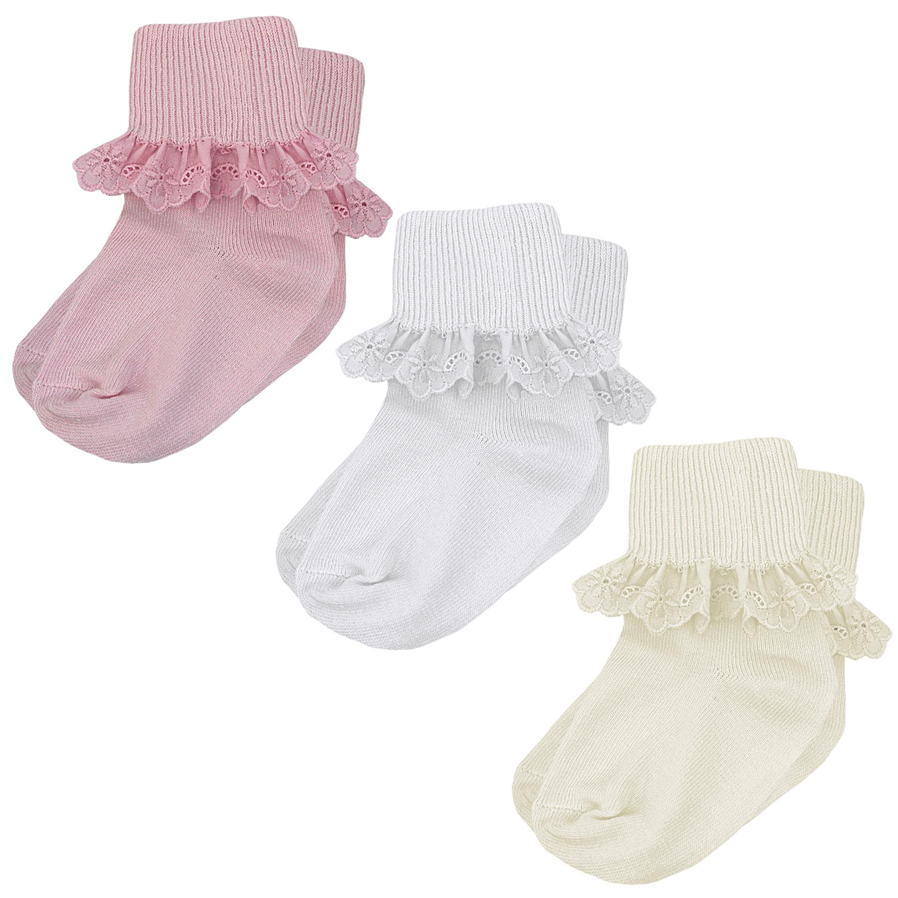 Pex Kids Daisy 3 Colour Triple Pack Frilly Broderie Anglaise Ankle Socks