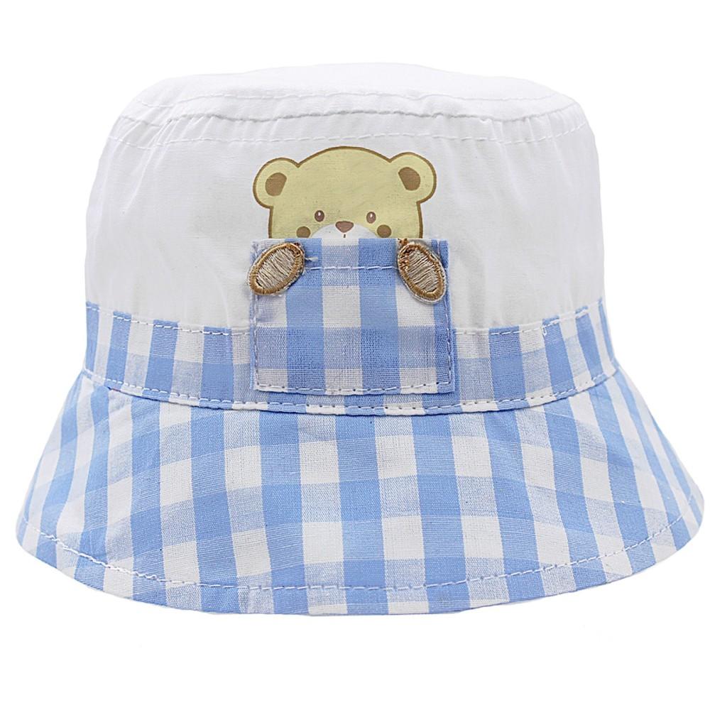 Pesci Baby Blue Check Bucket Hat with Teddy in a Pocket