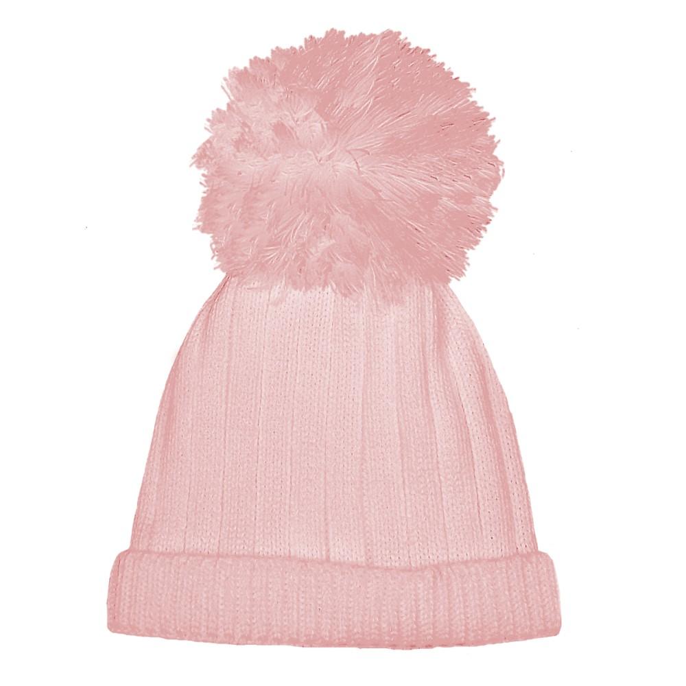 Pesci Baby Large Pink Fleece Lined Ribbed Pom Hat