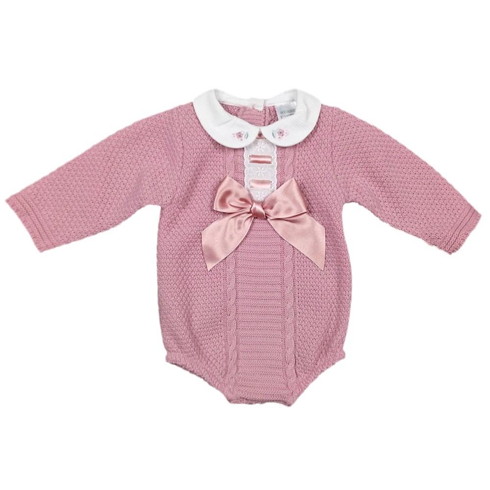 Nursery Time Dusky Pink Knitted Romper with Satin Bow