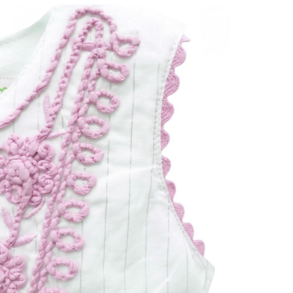 Domino Girl Embroidered Border White Cotton Dress Shouder