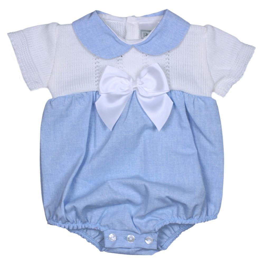 Pex Kids Shauna Blue Romper with White Knitted Top & Satin Bow