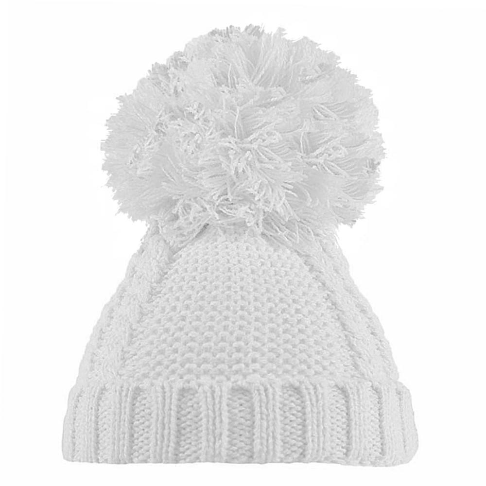 Soft Touch Cable Knit Baby Hat with Single Top Pom White