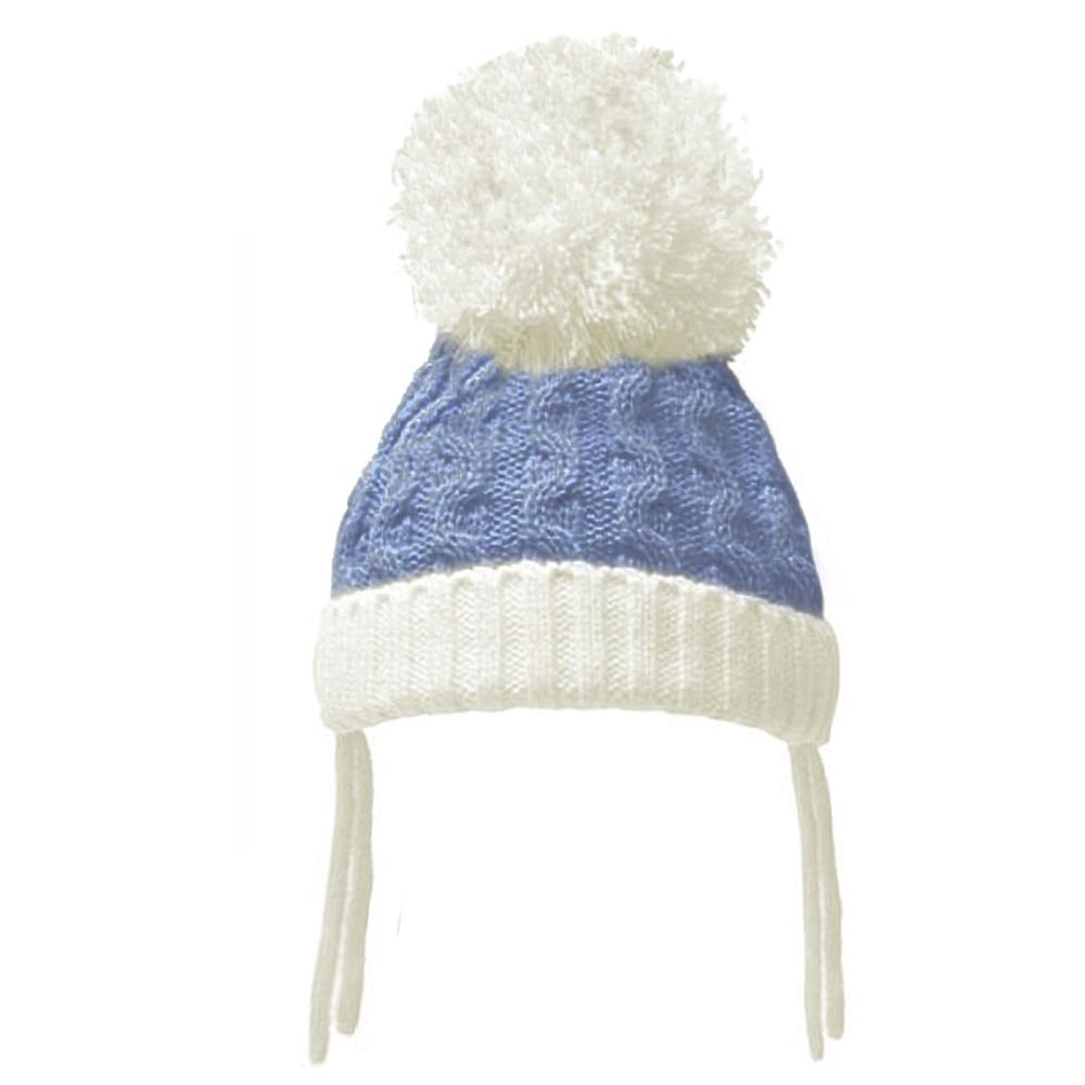 Soft Touch Cable Knit Two Tone Pom Hat in Cream and Blue