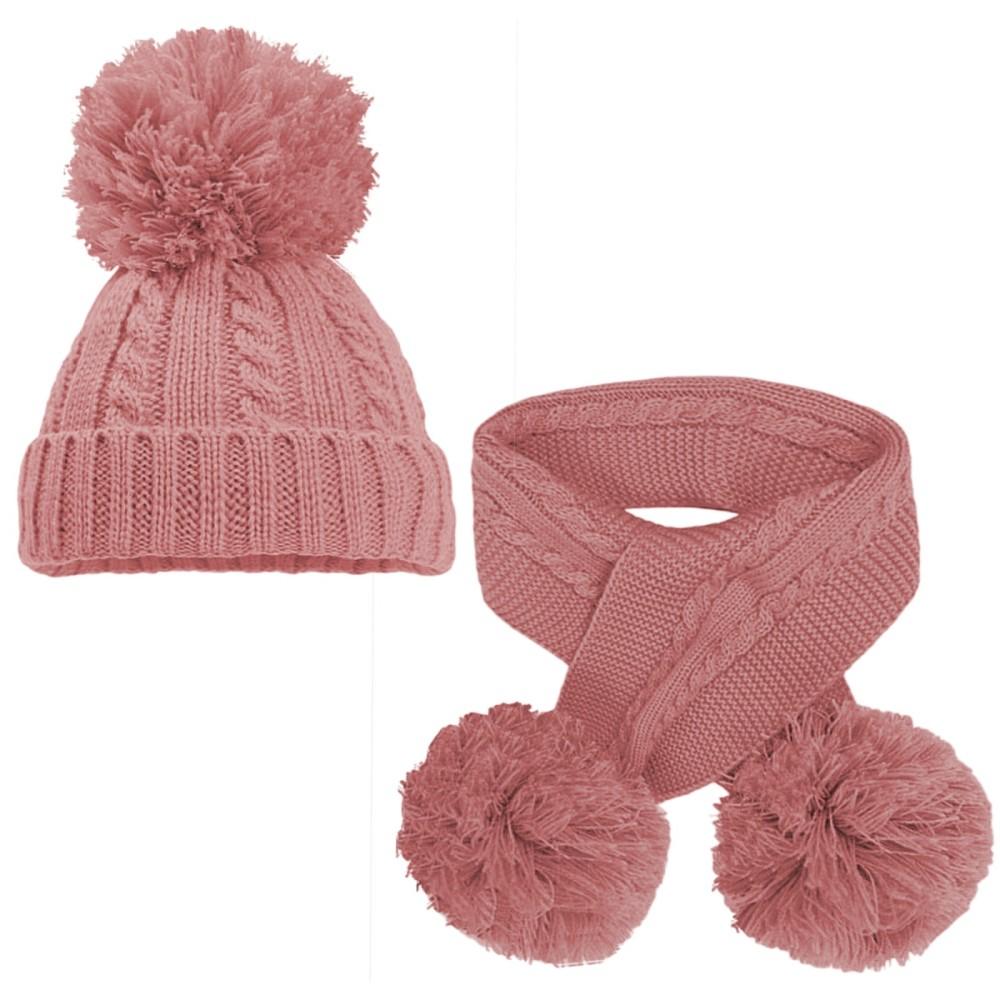 Soft Touch Pom Hat & Scarf Set in Dusky Pink