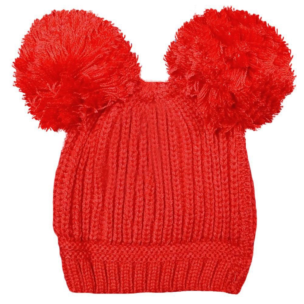 Soft Touch Cable Knit Twin Pom Pom Hat in Red