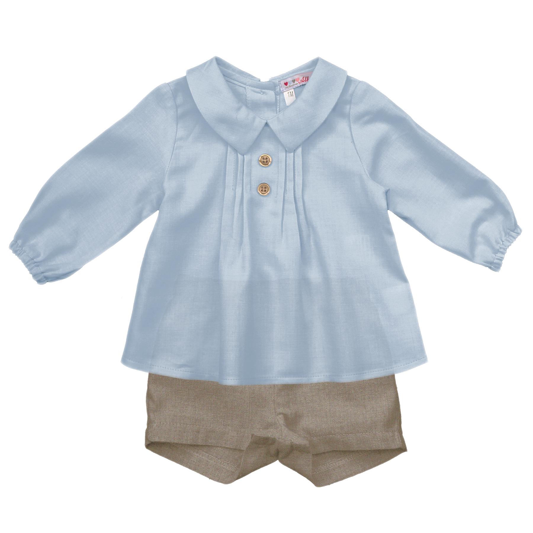 Alber blue canvas top with sand shorts