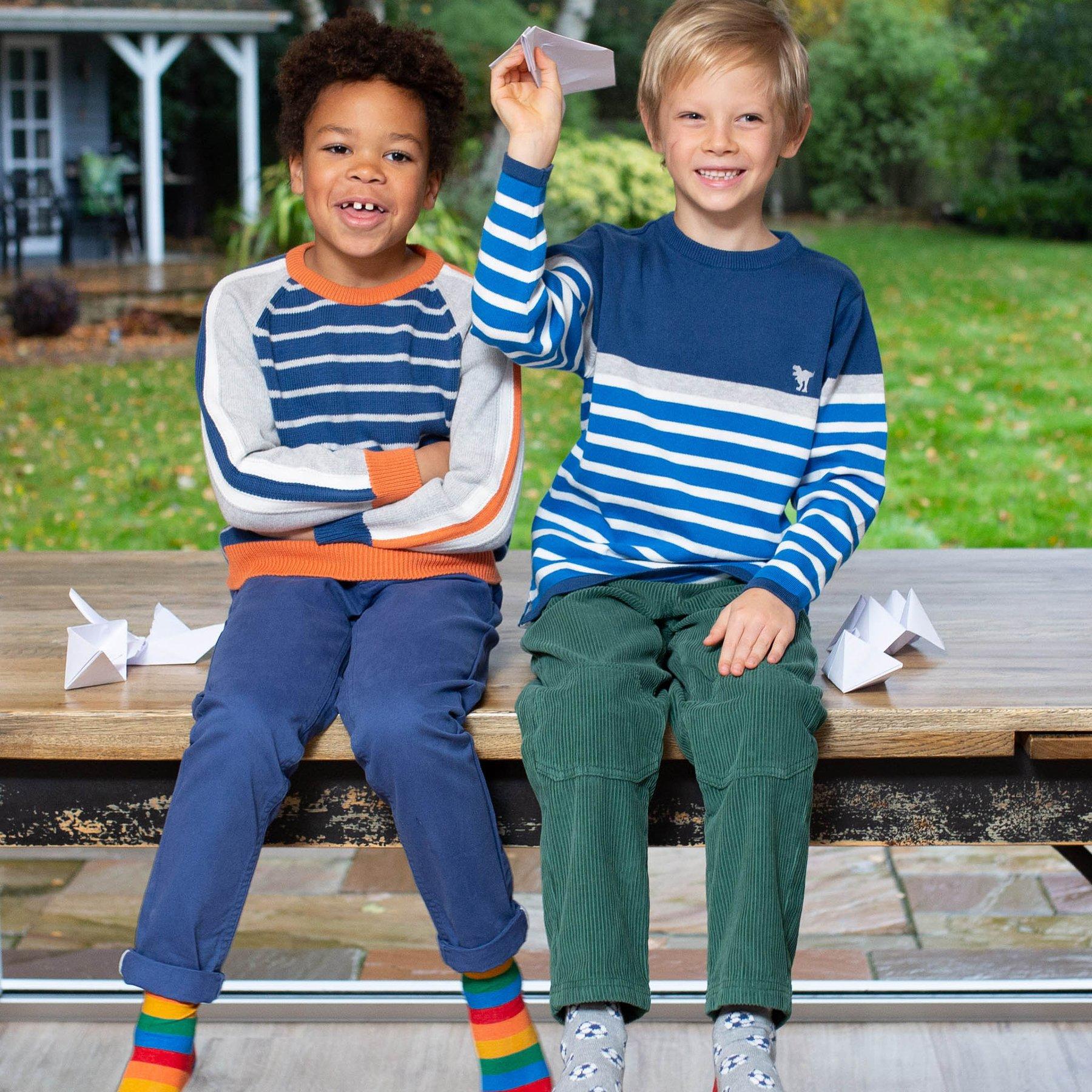 Boy wearing Kite Clothing Knoll Jumper with friend