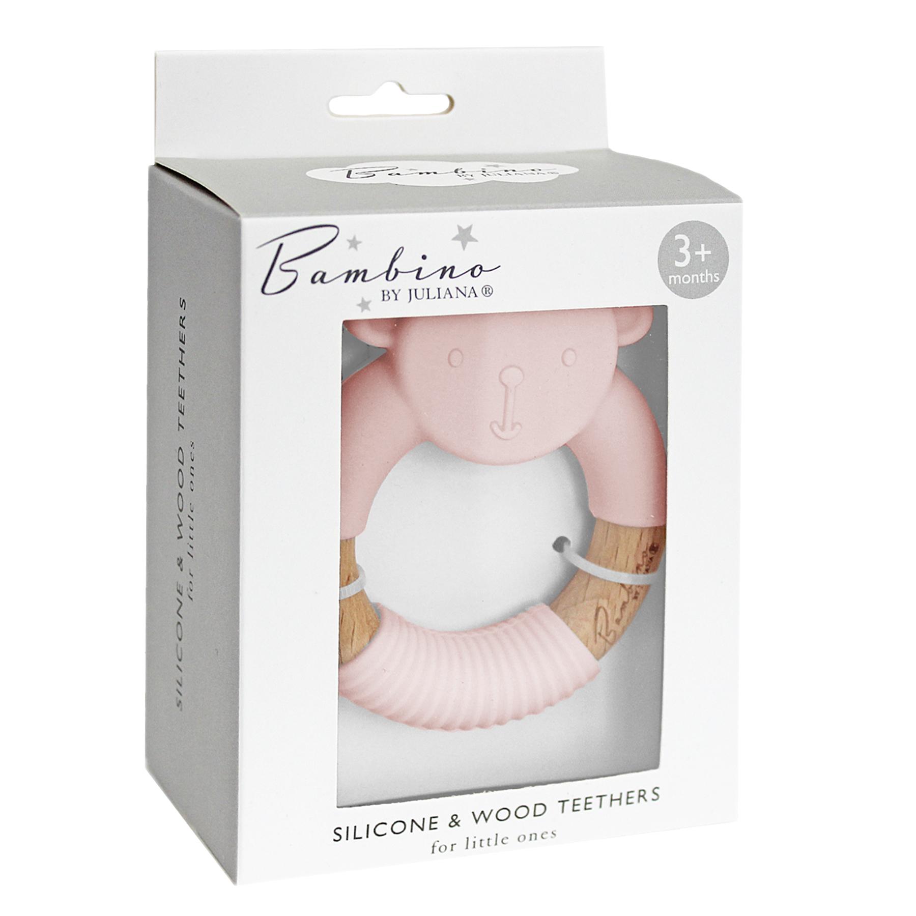 Bambino by Juliana® Round Pink Silicone Teddy & Wood Teether Boxed