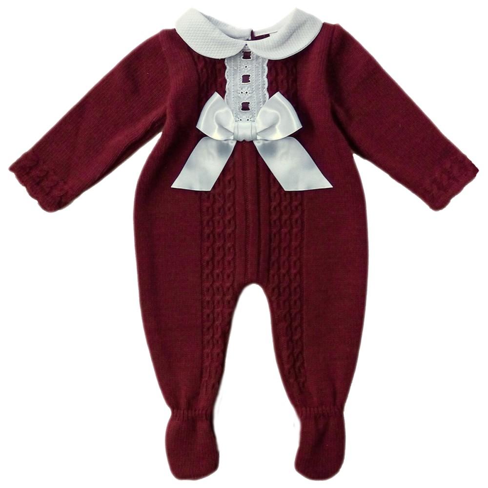 Nursery Time Wine Knitted Romper with Satin Bow