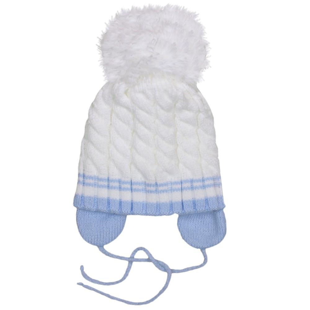 Kinder White & Blue Cable Knit Pom Hat with Ear Muffs