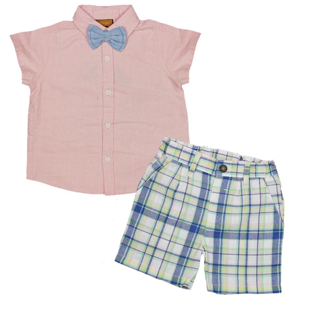 Little Gent Chambray Pink Bow Tie Top & Check Shorts