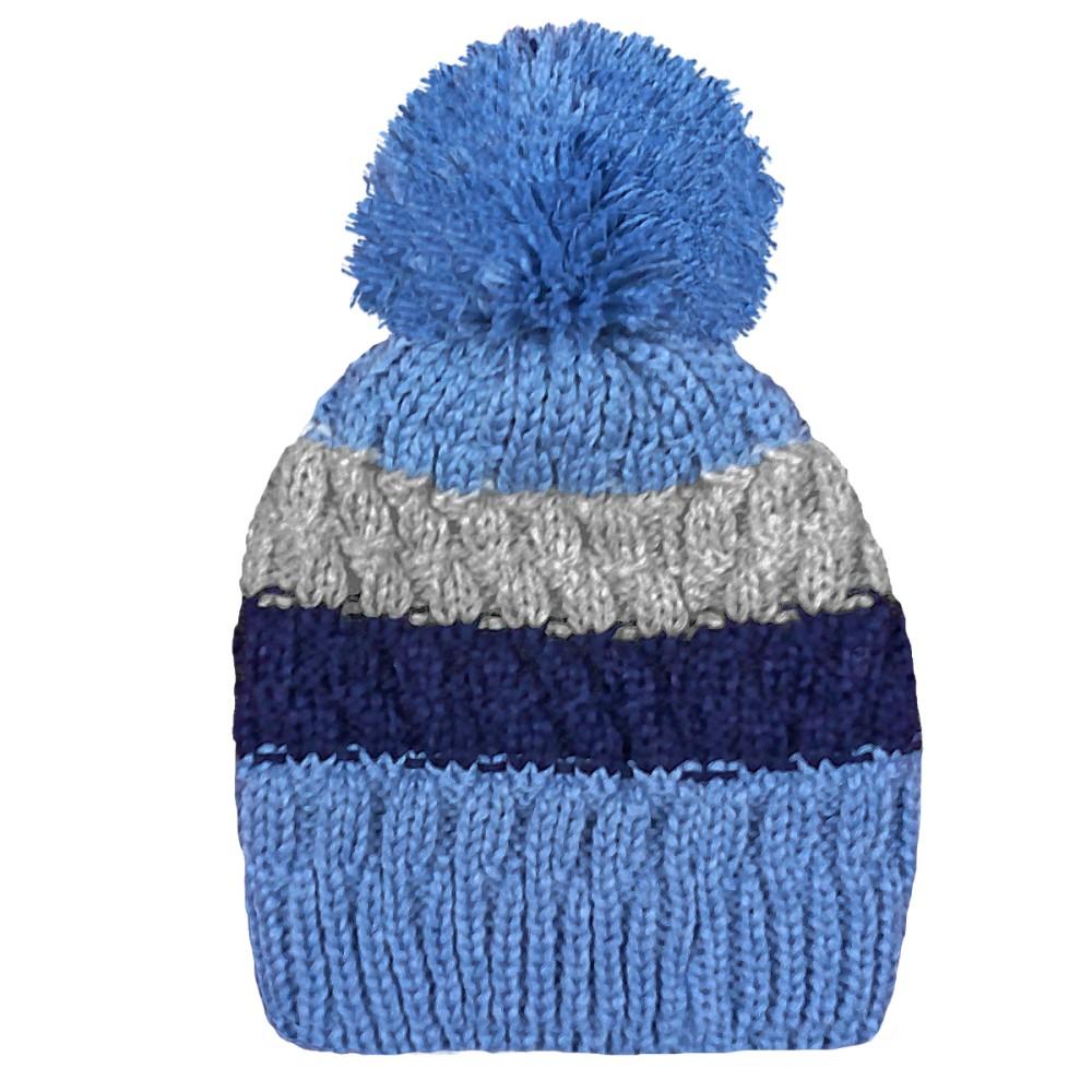 Pex Kids Brent Blue & Grey Double Layer Knitted Pom Hat
