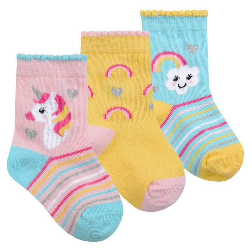 Tick Tock 3 Pair Cotton Rich Unicorns & Rainbows Baby Ankle Socks