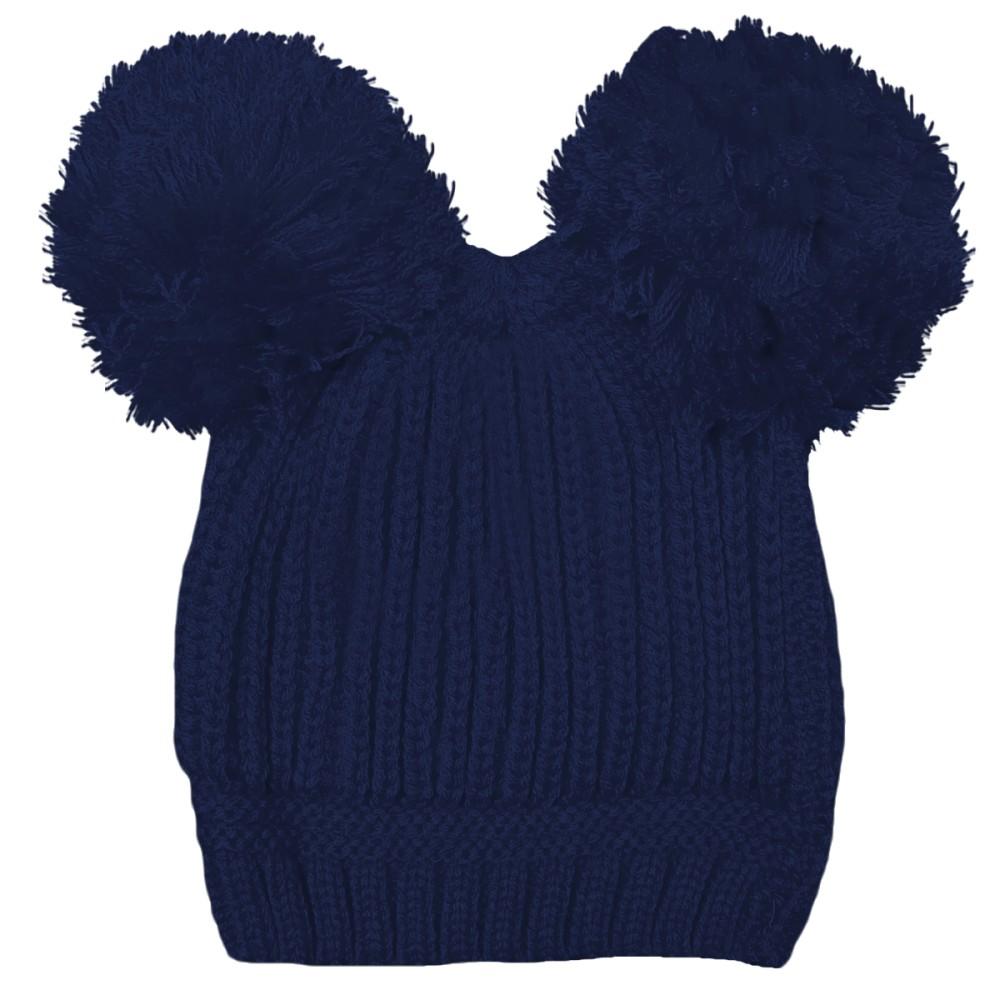 Soft Touch Cable Knit Twin Pom Pom Hat in Navy