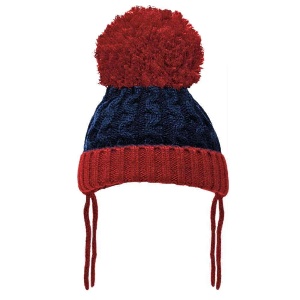Soft Touch Cable Knit Two Tone Pom Hat in Navy and Red