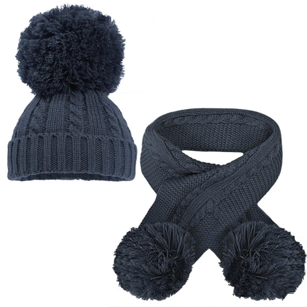 Soft Touch Pom Hat & Scarf Set in Steel Blue