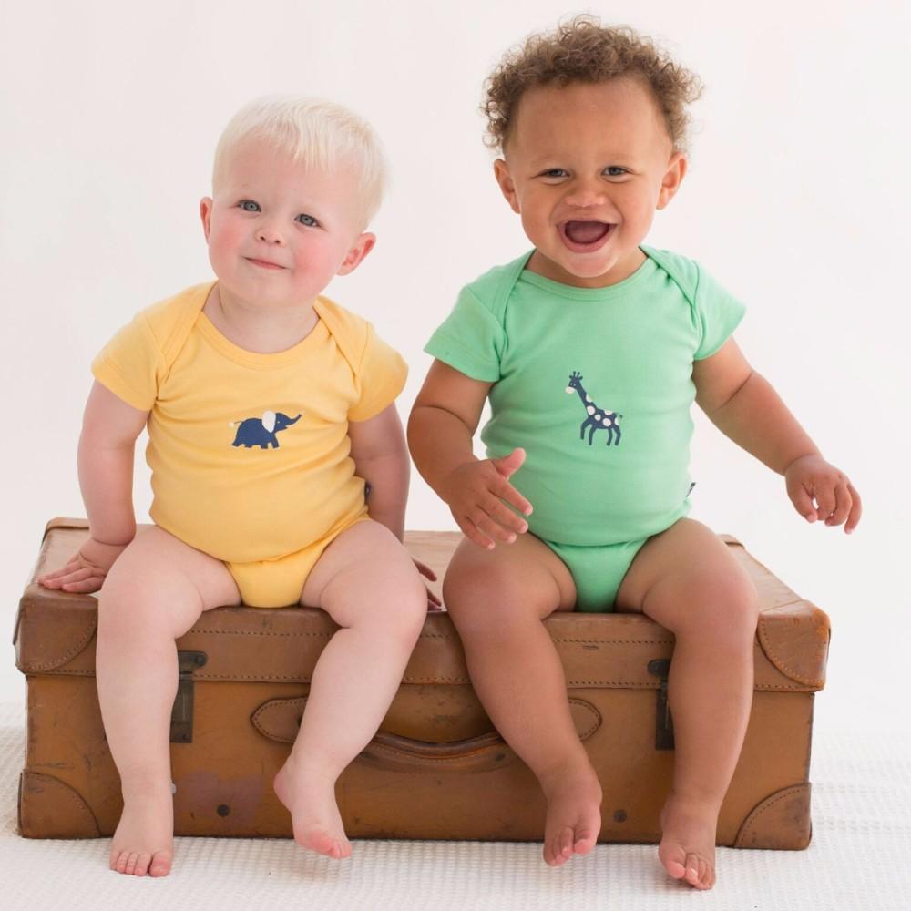 Baby wearing Kite Clothing Elephant Bodysuit with friend