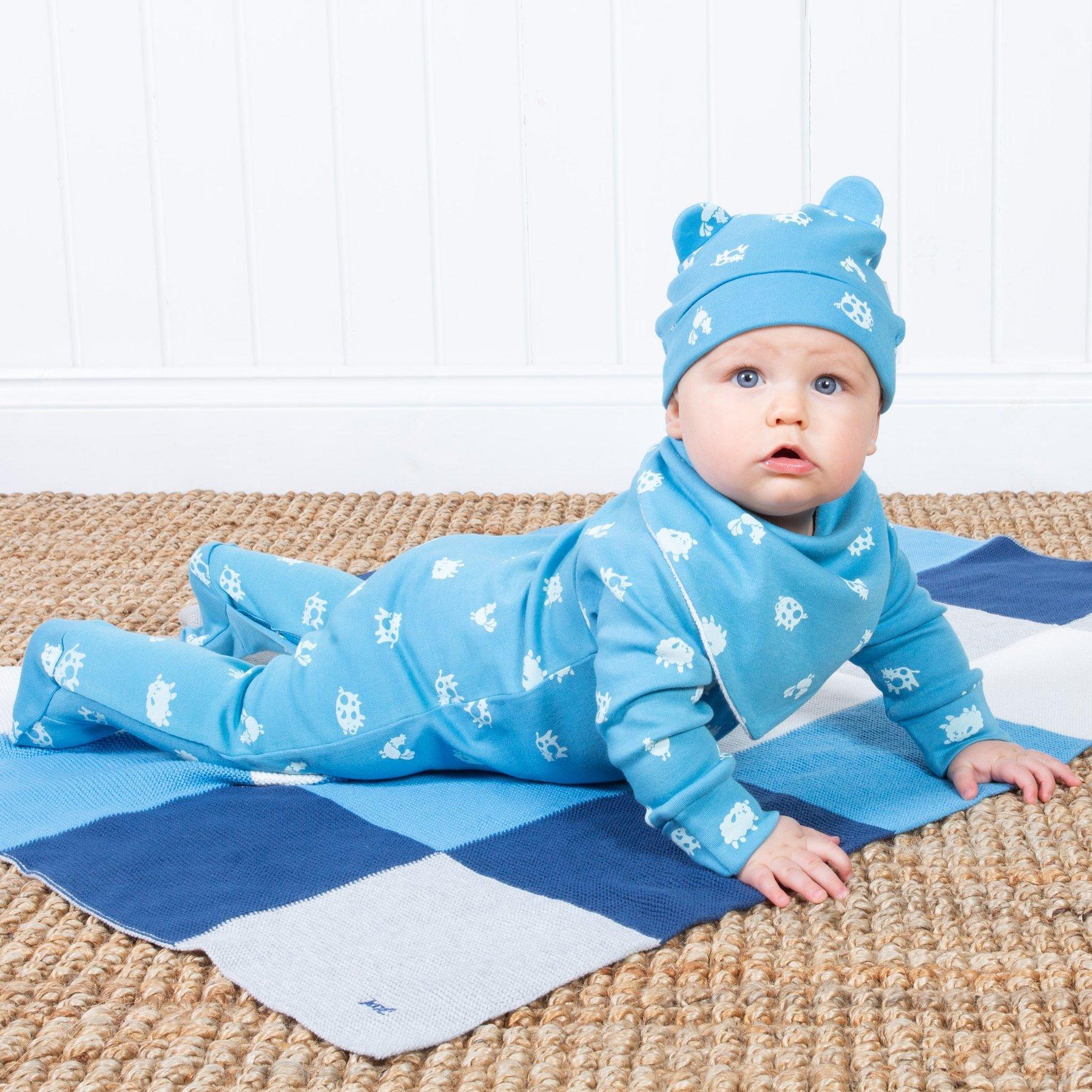 Baby wearing Kite Clothing Polka Farm Sleepsuit Blue