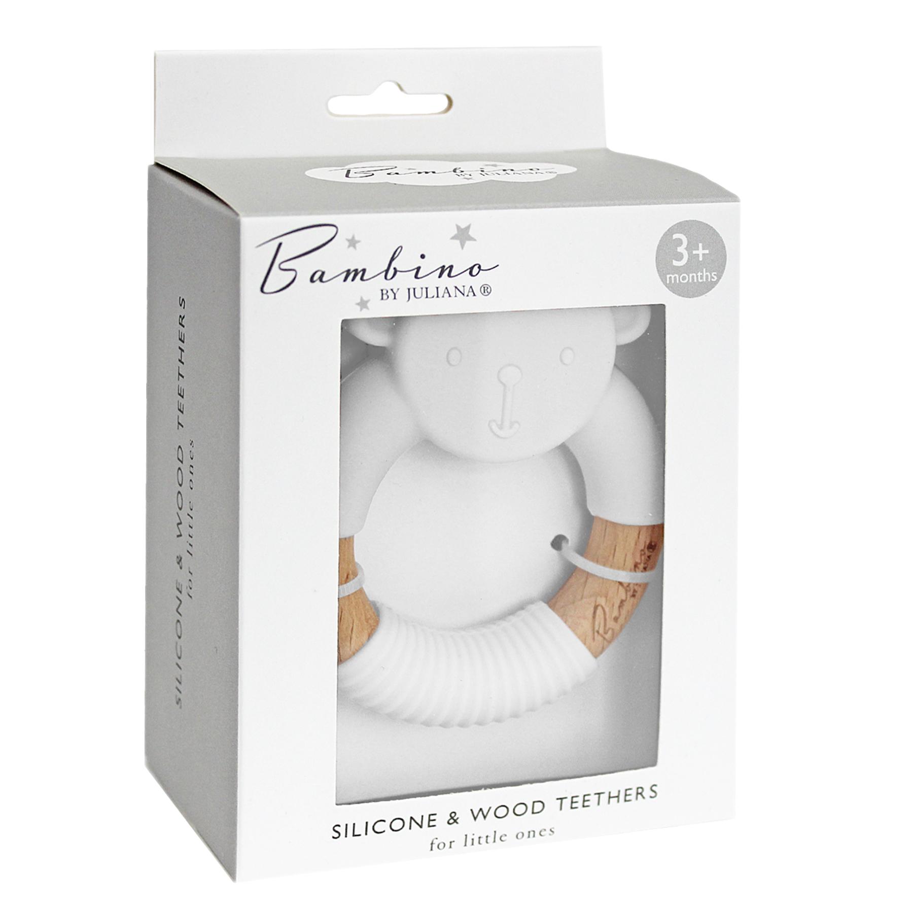 Bambino by Juliana® Round White Silicone Teddy & Wood Teether Boxed