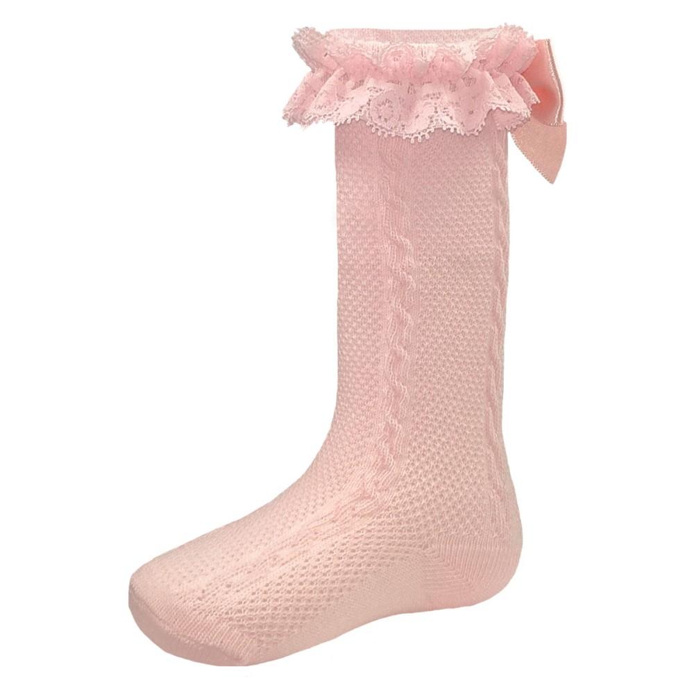 Pex Kids Patty Pink Knee High Socks with Lace Frill & Bow