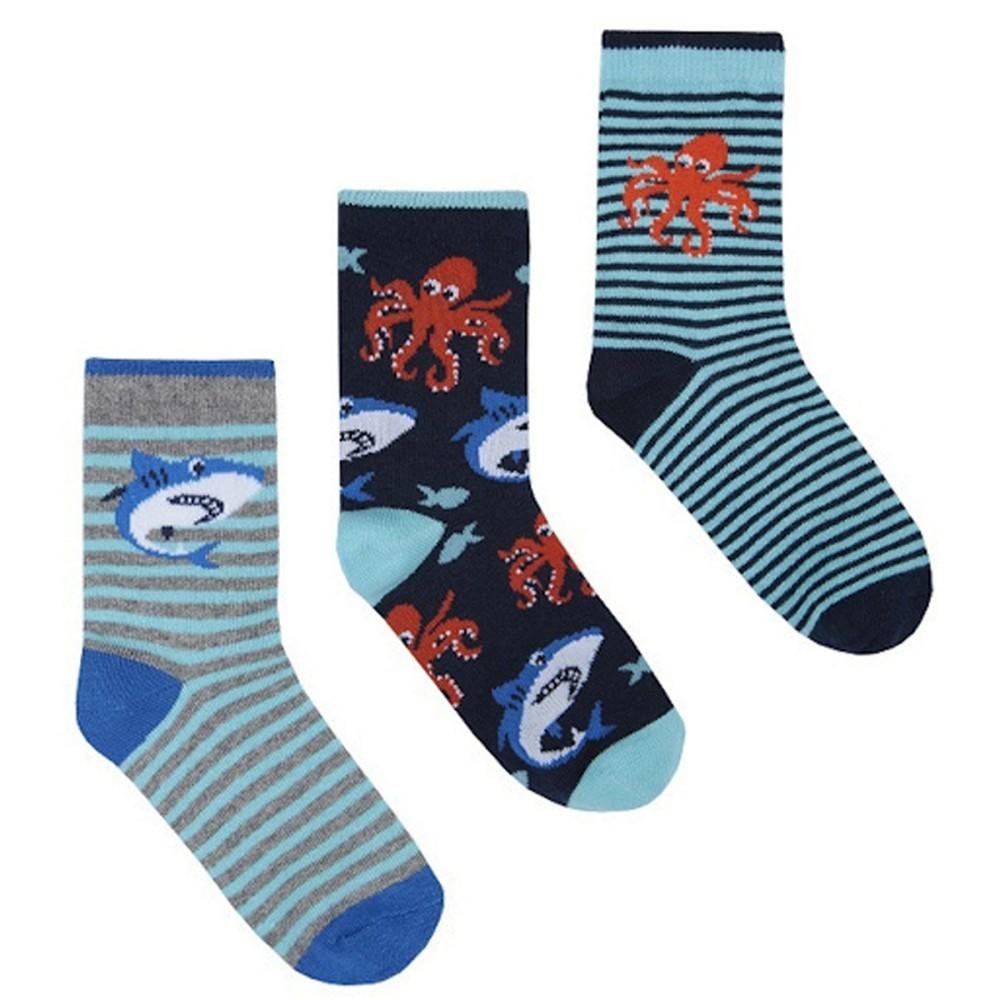 Tick Tock 3 Pair Cotton Rich Sharks & Stripes Ankle Socks