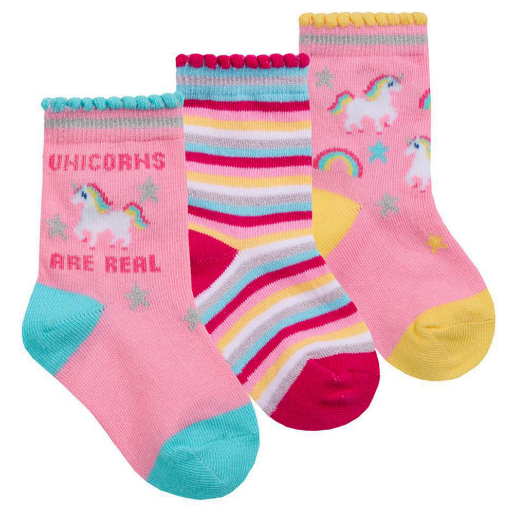 Tick Tock 3 Pair Cotton Rich Unicorns & Stripes Baby Ankle Socks