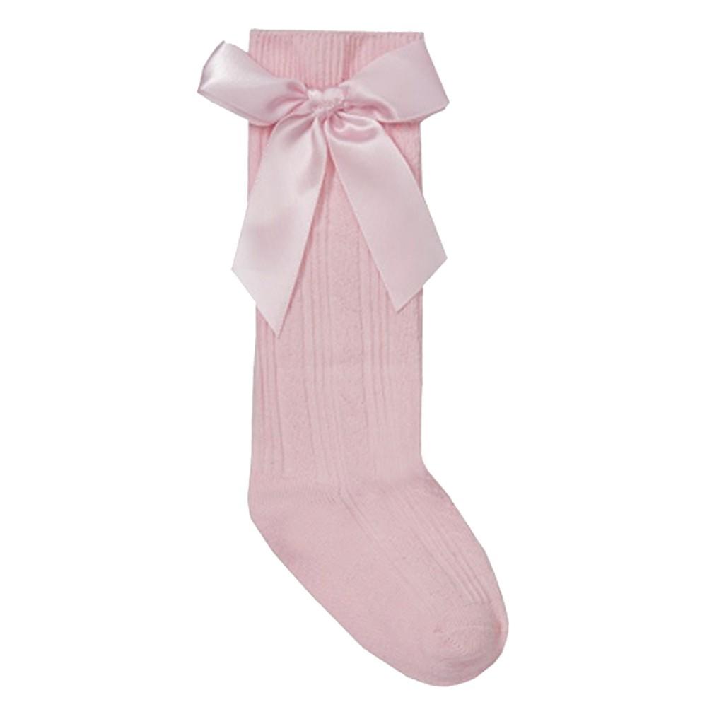 Tick Tock Cable Knee High Socks with Side Bow Pink