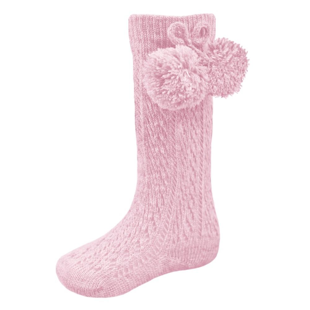 Soft Touch Knee High Pelerine Socks with Side Pom Poms in Pink