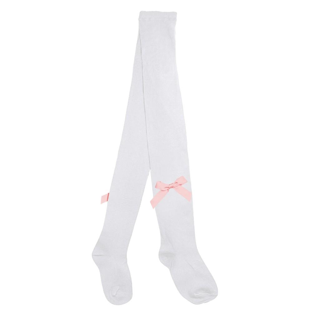 Pex Kids Satin Side Ribbon Bow Tights in White with Pink Bows