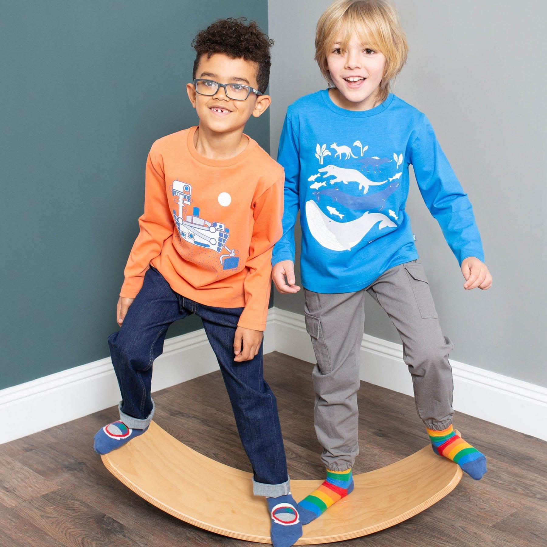 Boy wearing Kite Clothing Whale Evolution T-Shirt with friend