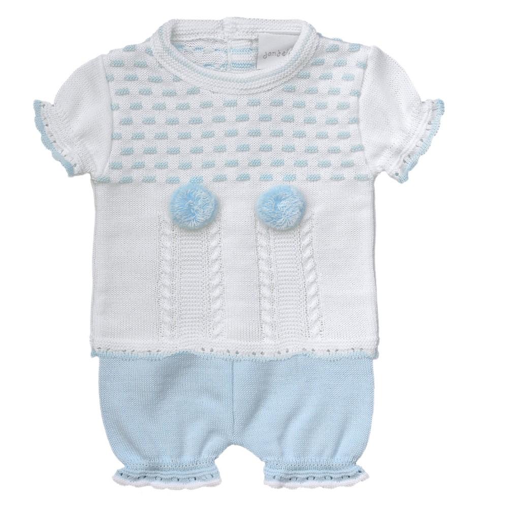 Dandelion Blue & White Knitted Pom Pom Top & Bloomers