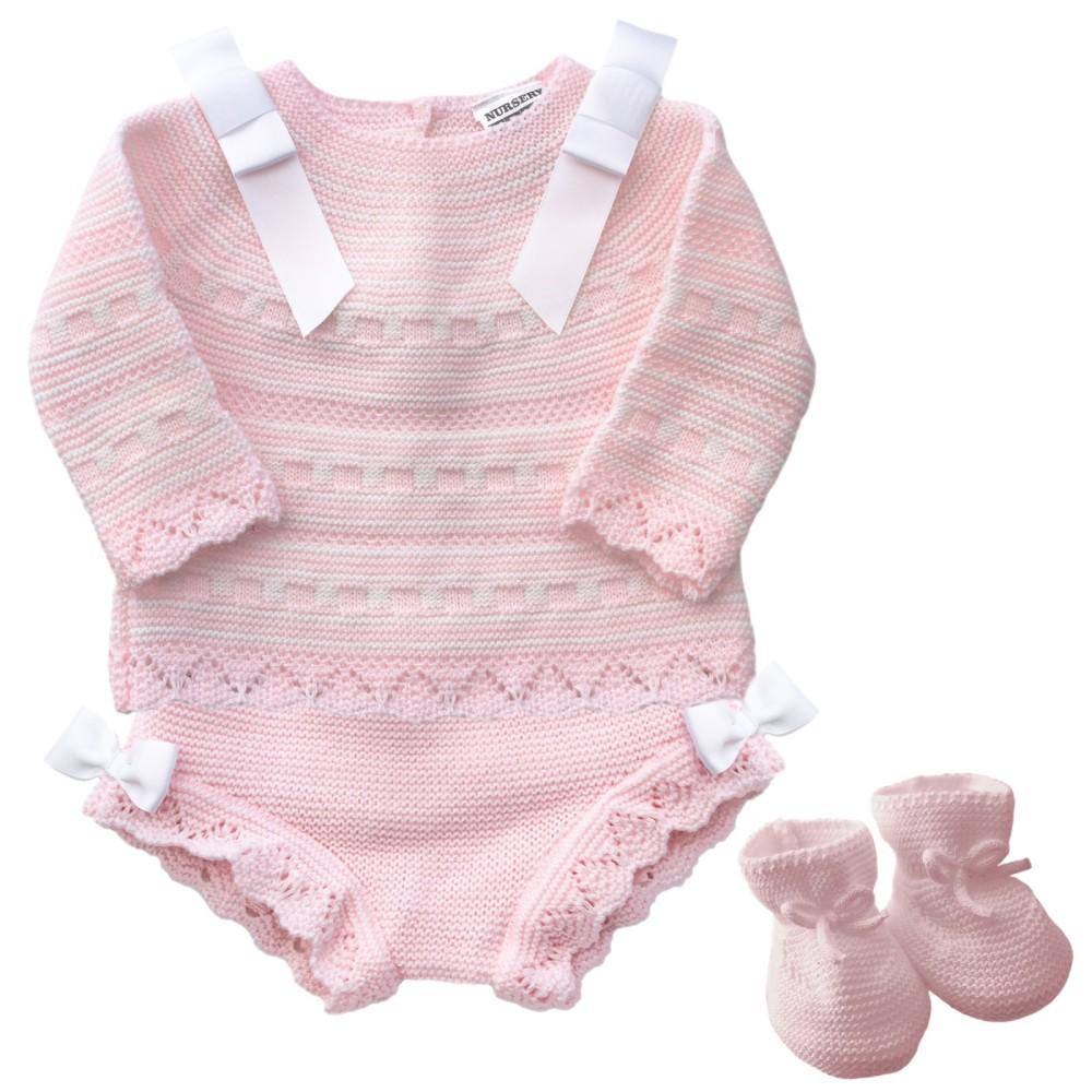 Nursery Time Pink Knitted Top, Jam Pants & Booties