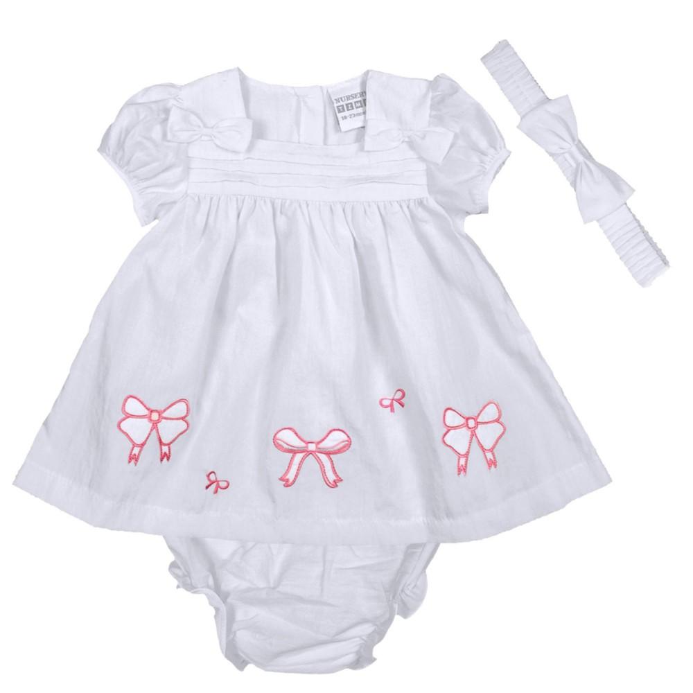 Nursery Time Embroidered Bows Dress Set & Headband White