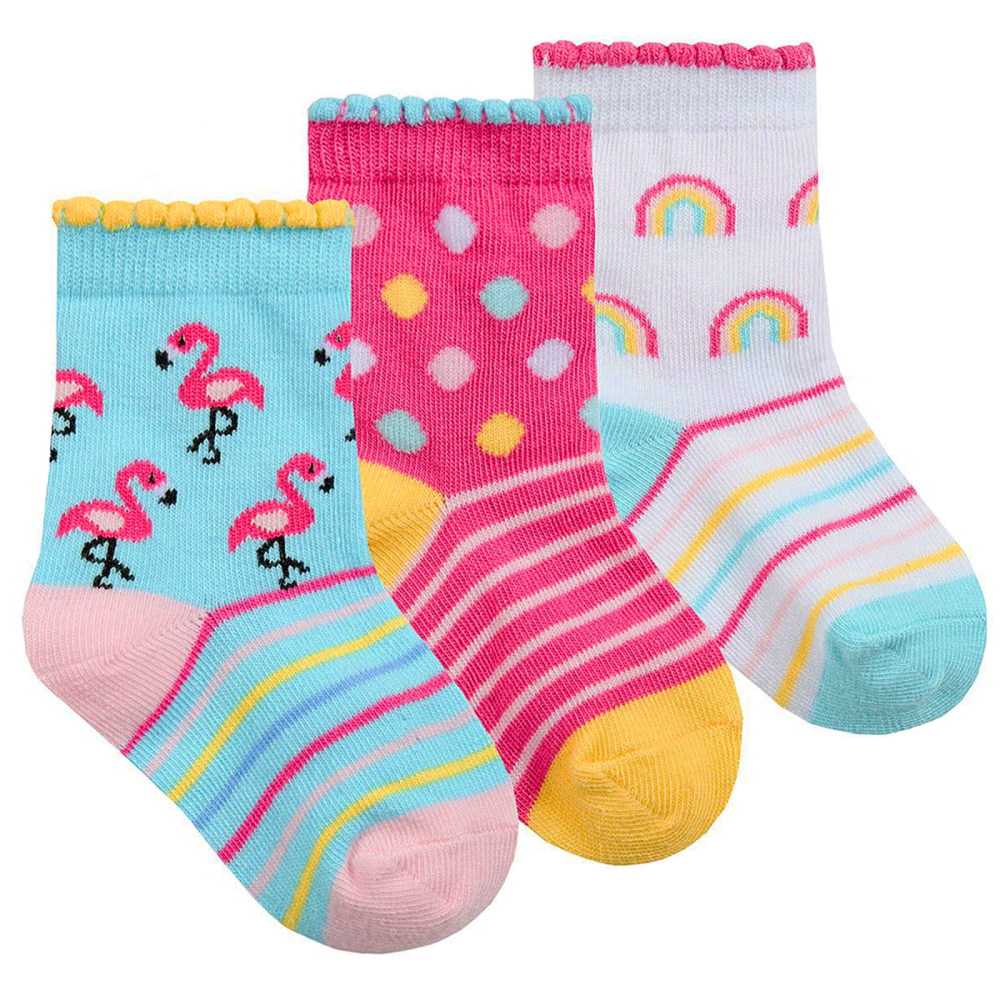 Tick Tock 3 Pair Cotton Rich Flamingo, Rainbows & Spots Baby Ankle Socks