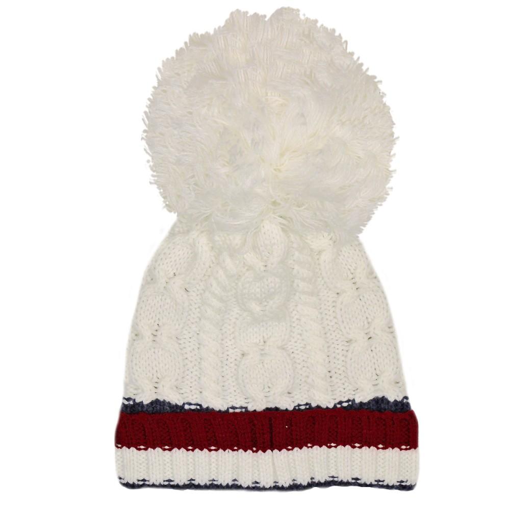 Soft Touch Cream & Red Cable Knitted Striped Turnover Pom Hat