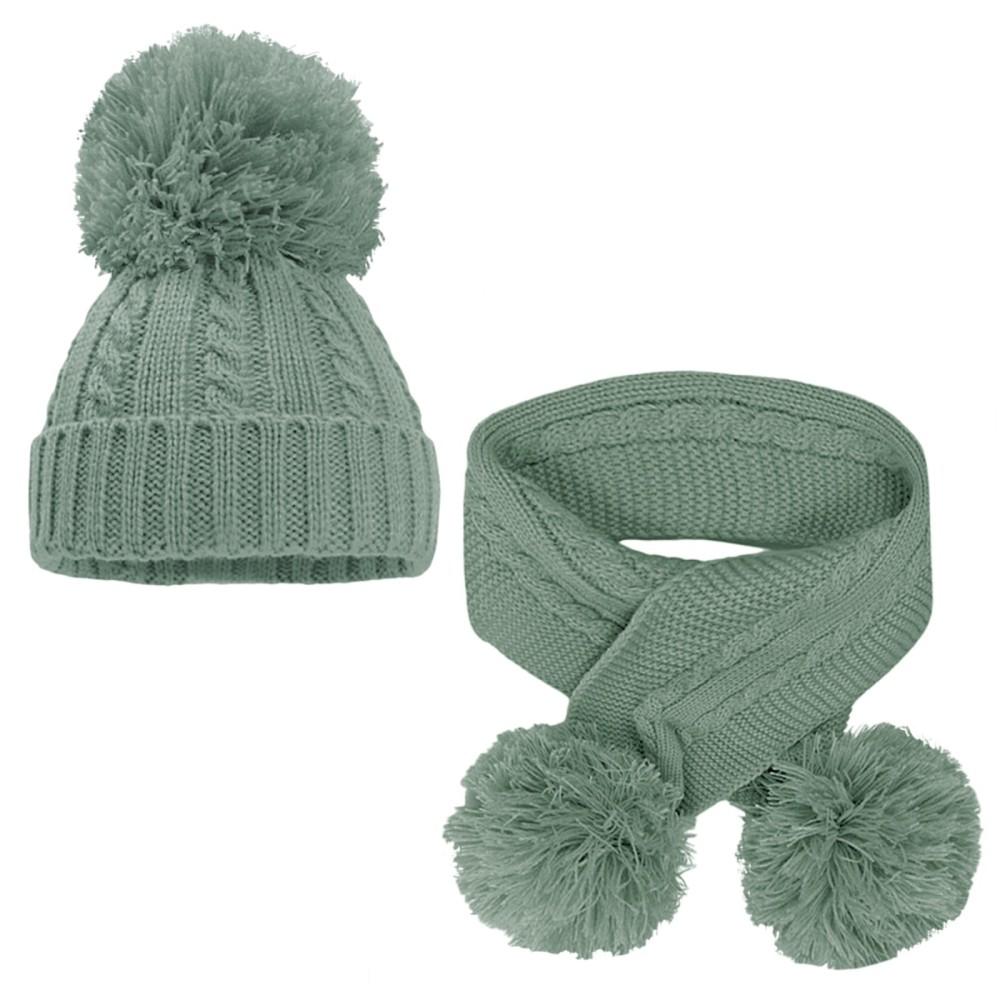 Soft Touch Pom Hat & Scarf Set in Sage Green