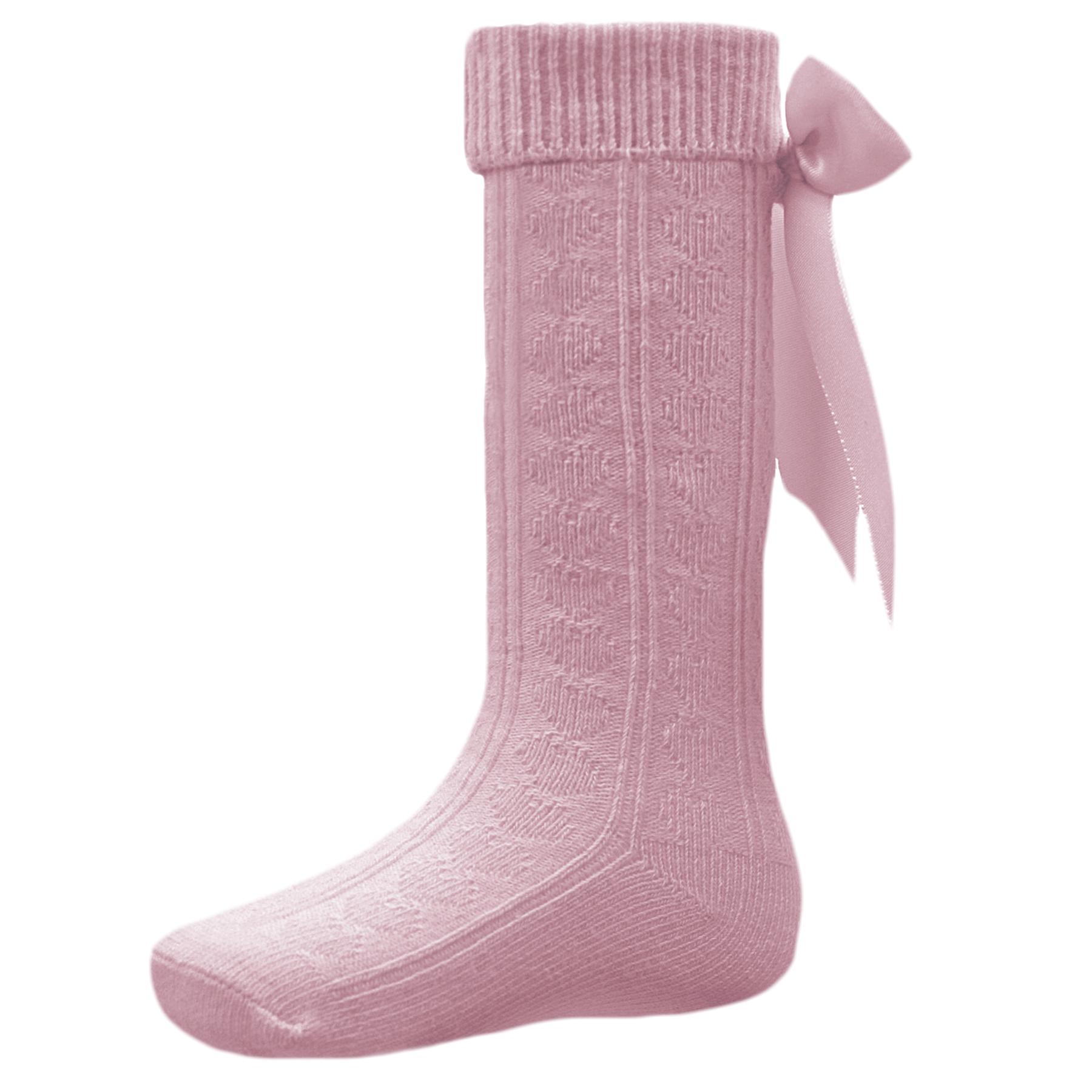 Soft Touch Knee High Pelerine Heart Back Bow Socks in Pink