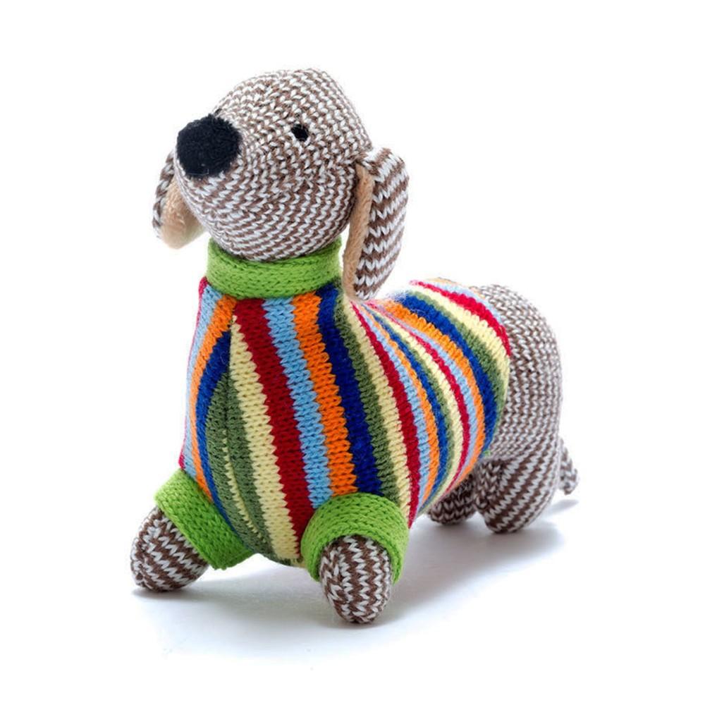 Best Years Knitted Small Sausage Dog Baby Rattle with Striped Jumper
