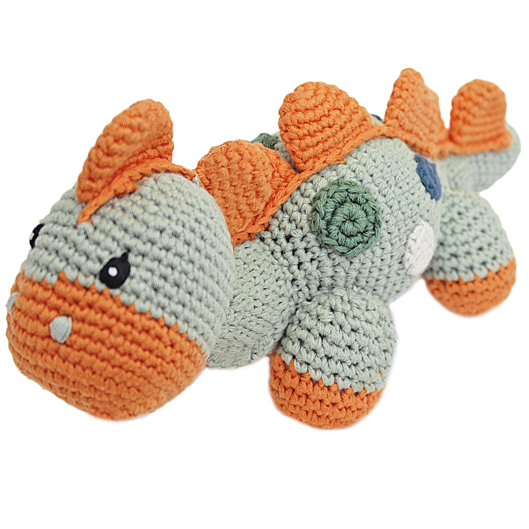 Pebble Fair Trade Crochet Teal Steggi Dinosaur Rattle
