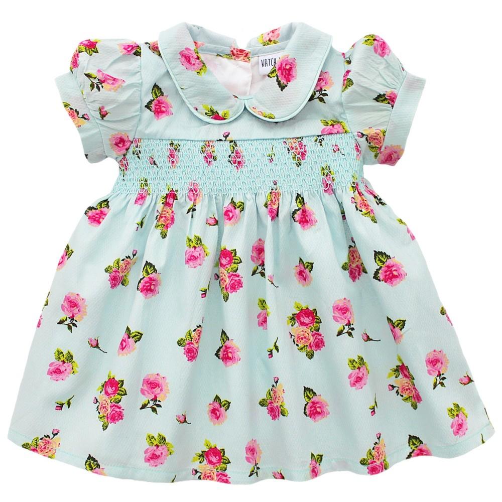 Watch Me Grow Teal Cotton Smocked Flower Dress