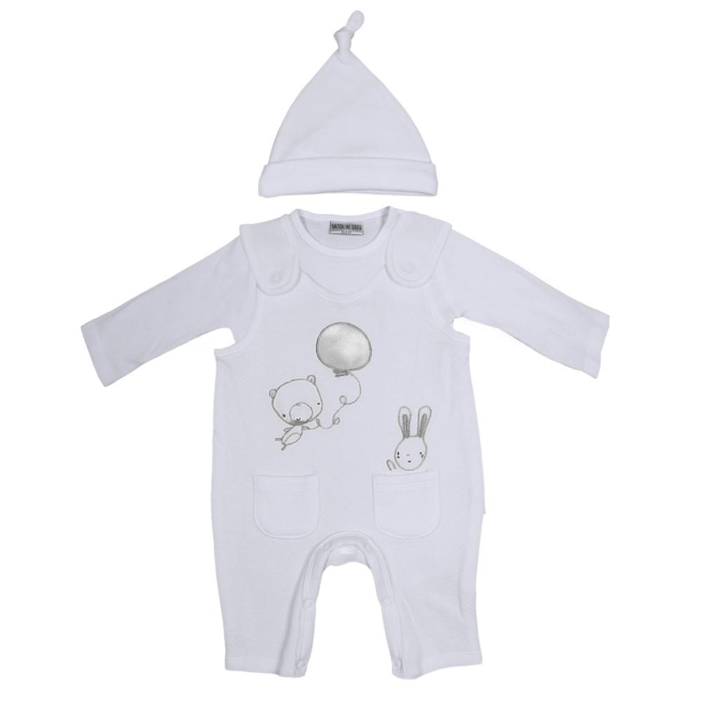 Watch Me Grow White & Silver Quilted Dungaree Set with Sleep Hat
