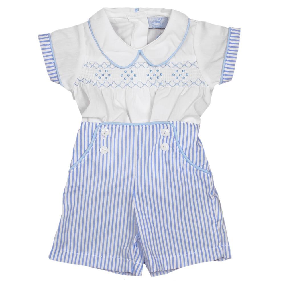 Rock-a-Bye Baby White Smocked Top & Blue Striped Shorts